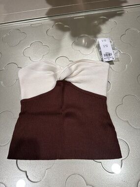 Twist Front Ribbed Strapless Top in Cream and Brown